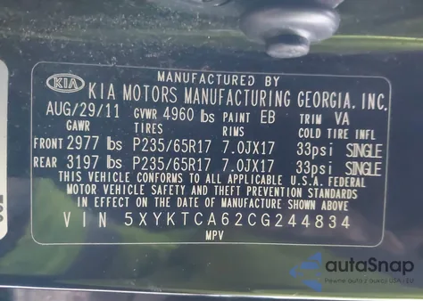 2012 Kia Sorento Lx из США, поврежденный, VIN 5XYKTCA62CG244834